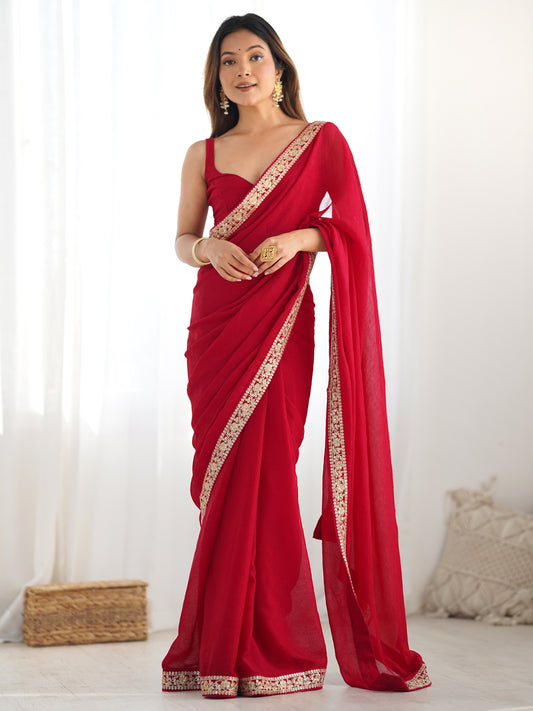 Red Georgette Saree with Gold Sequin Embroidery Border