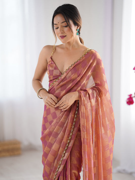 Chiffon  Checks Saree in Dusty Rose & Peach