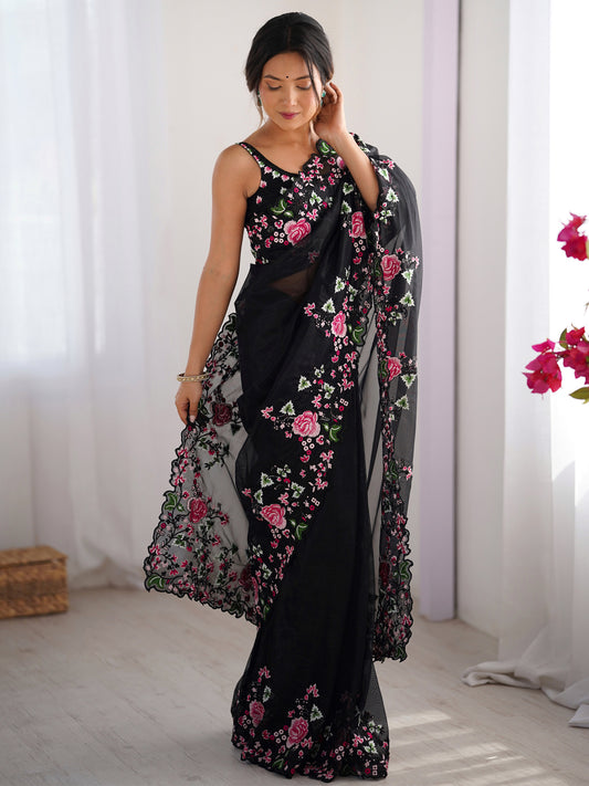 Black Vichitra Silk Embroidered Border Saree