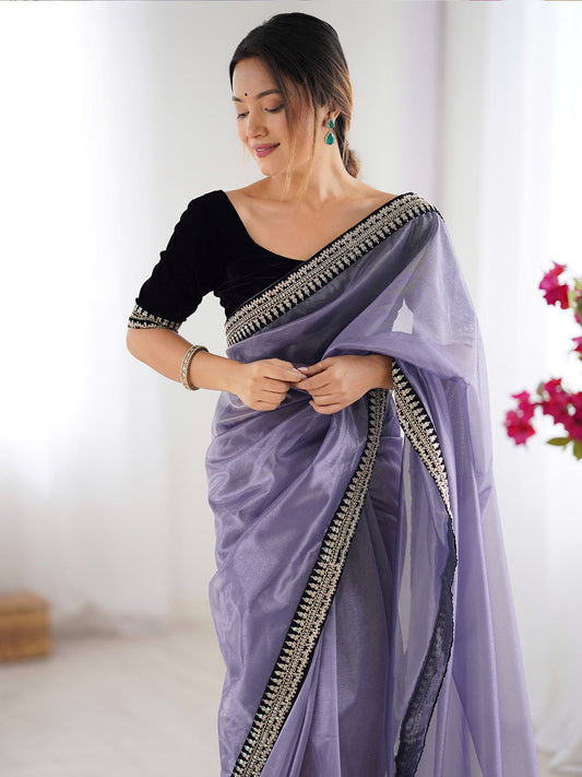 Lavender Organza Saree with Embroidered Border & Blouse
