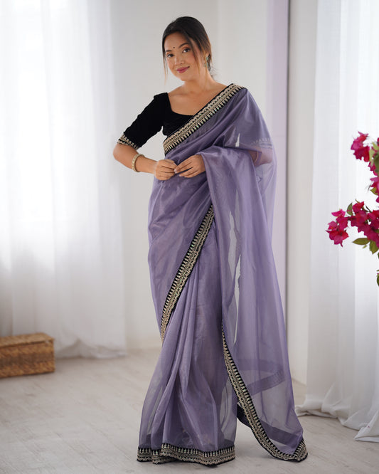 Lavender Organza Saree with Embroidered Border & Blouse