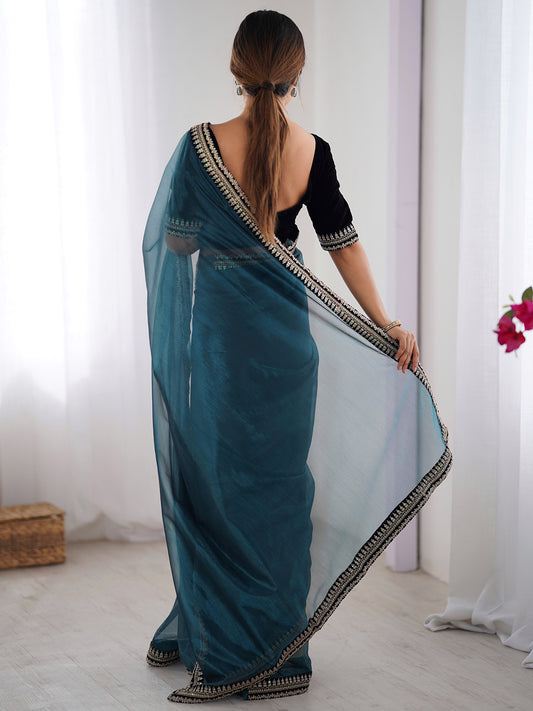 Teal Organza Saree with Embroidered Border & Blouse