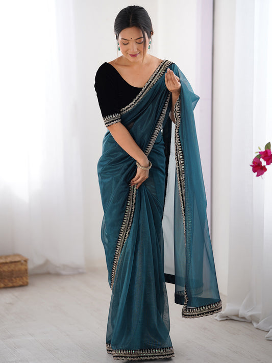 Teal Organza Saree with Embroidered Border & Blouse