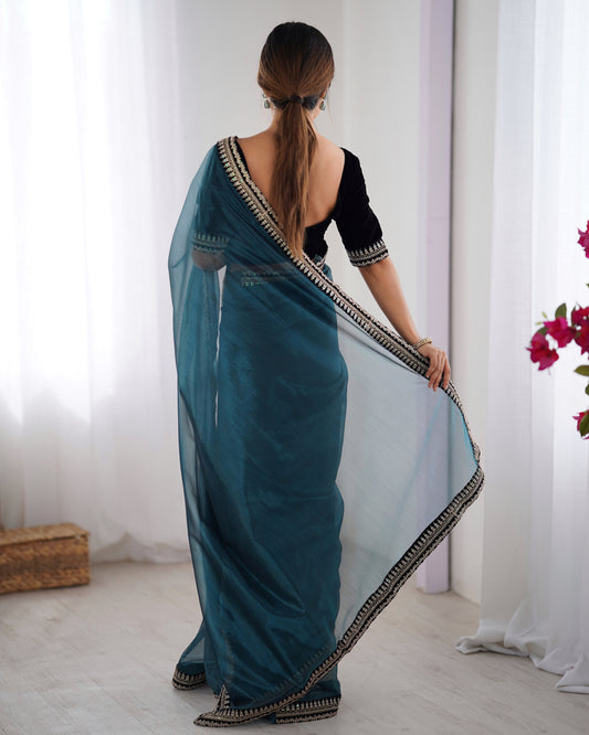 Teal Organza Saree with Embroidered Border & Black Velvet Blouse