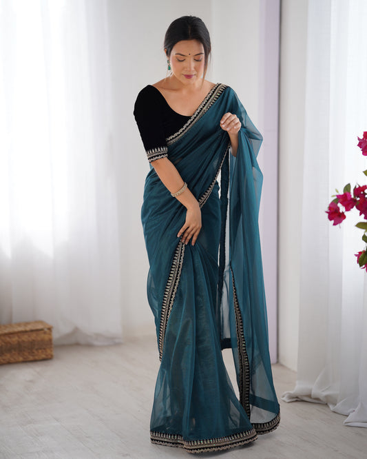 Teal Organza Saree with Embroidered Border & Black Velvet Blouse