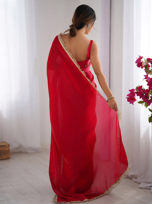 Cherry Red Georgette Saree with Gold Fringe Tassel Border