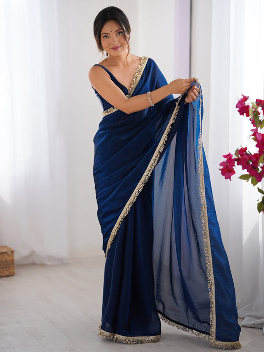 Royal Navy Blue Organza Saree with Gold Border