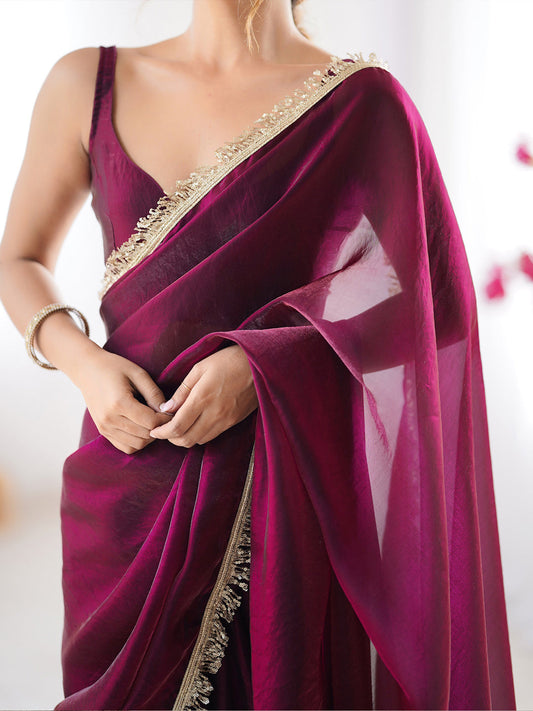 Wine Ombre Georgette Saree with Gold Fringe Tassel Border