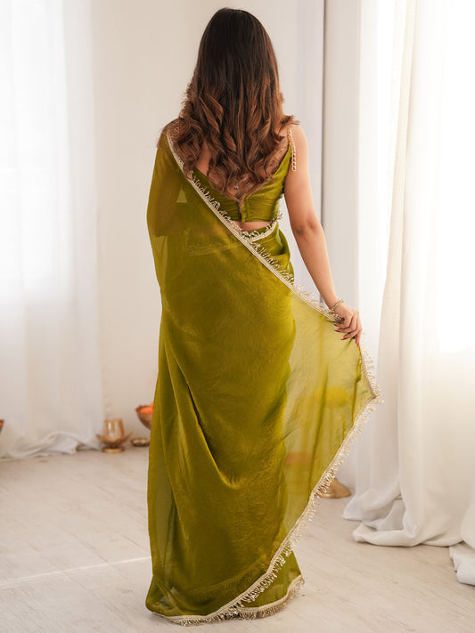 Olive Green Organza Saree with Gold Fringe Border