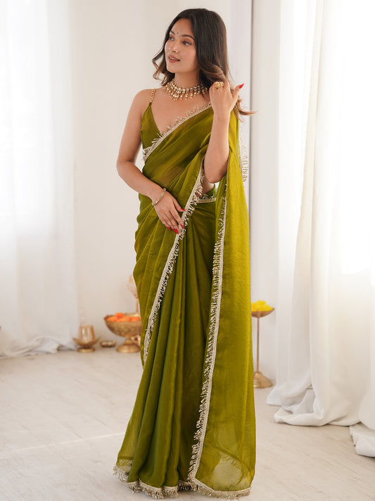 Olive Green Silk Saree with Gold Tassel Border