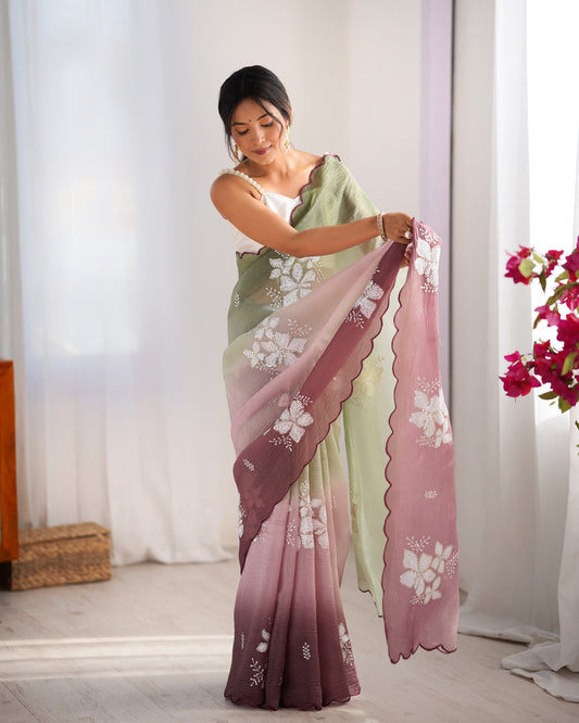 Sage Green & Mauve Ombre Organza Saree with Floral Embroidery