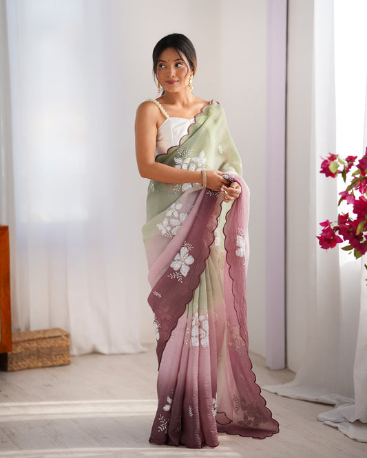 Sage Green & Mauve Ombre Organza Saree with Floral Embroidery
