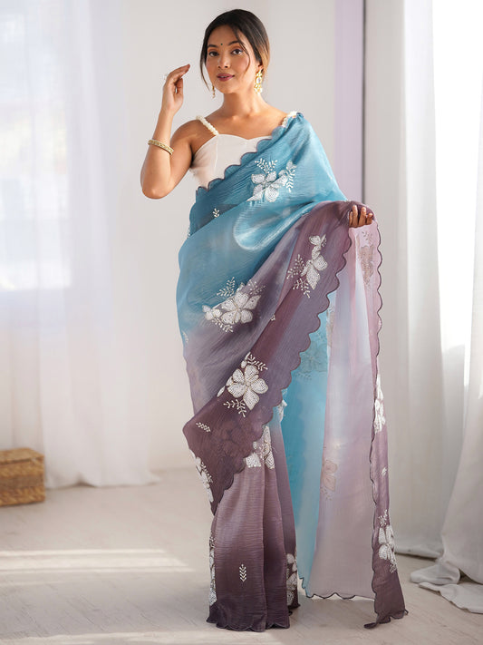 Ombre Organza Saree with Floral Embroidery