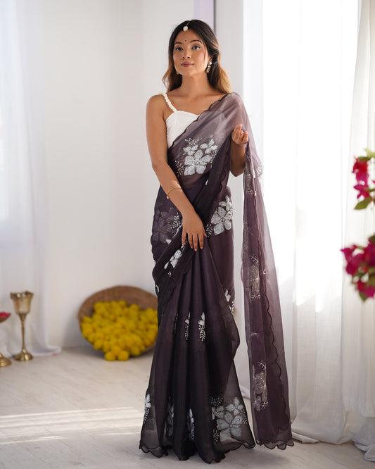 Organza Sequin Floral Saree – Charcoal