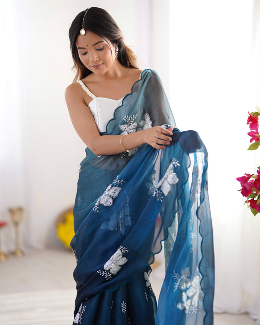 Teal Organza Sequin Floral Embroidered Saree with Scalloped Border