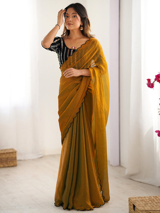 Mustard Yellow Shimmering Silk Blend Saree