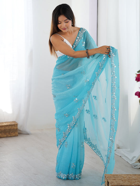 Embellished Beads and Stones Pure Chiffon Designer Saree