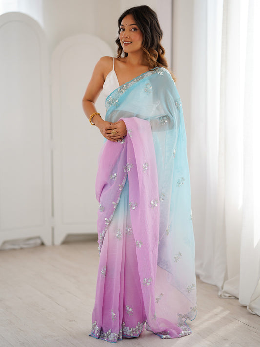 Sky Blue & Lavender Polyester Ombre Dyed Embroidered Saree