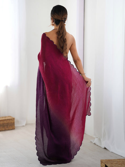 Ombre Organza Saree with Scallop Border & Blouse | Magenta to Deep Purple