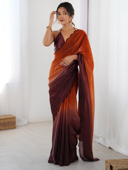 Ombre Organza Saree with Scallop Blouse | Rust to Wine