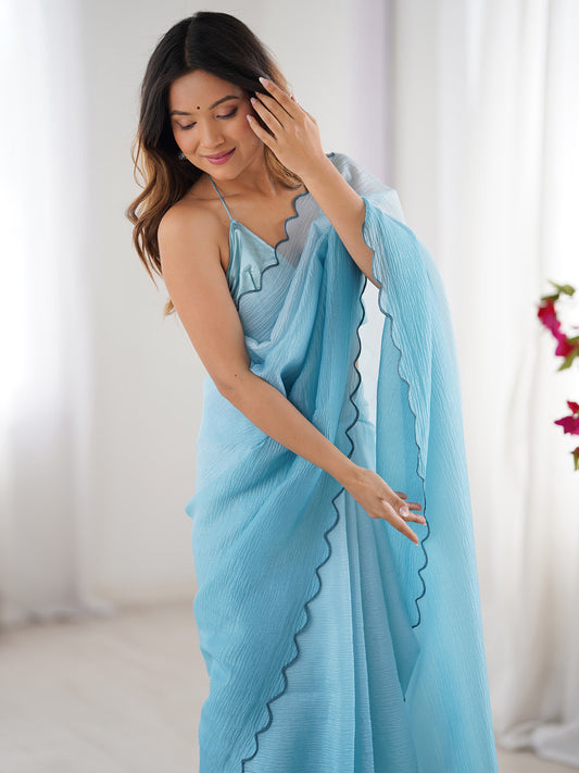 Sky Blue Chiffon Ombre Scalloped Border Saree