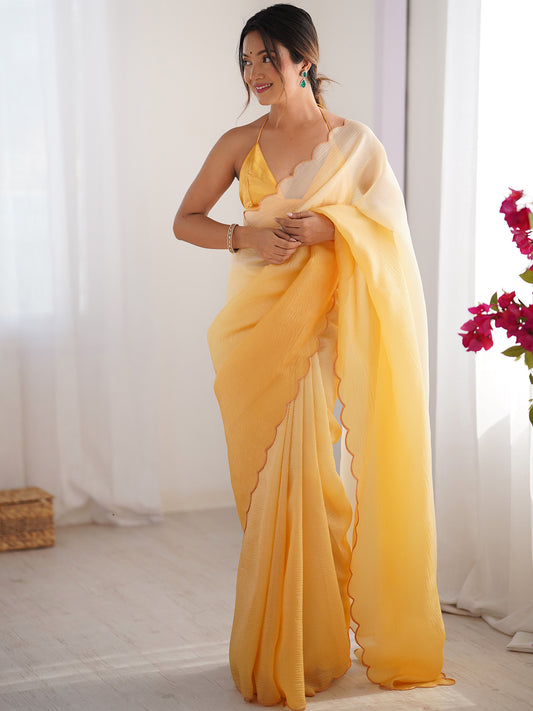 Sunshine Yellow Ombre Chiffon Saree with Scallop Border