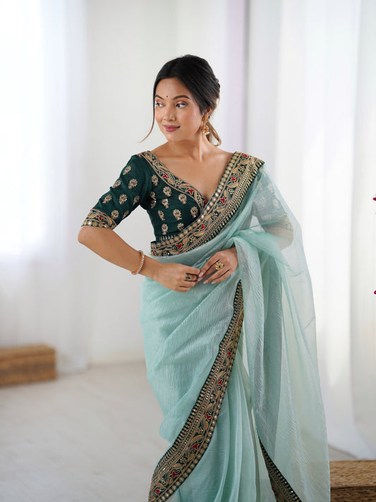 Organza Saree with Embroidered Blouse – Sky Blue & Bottle Green