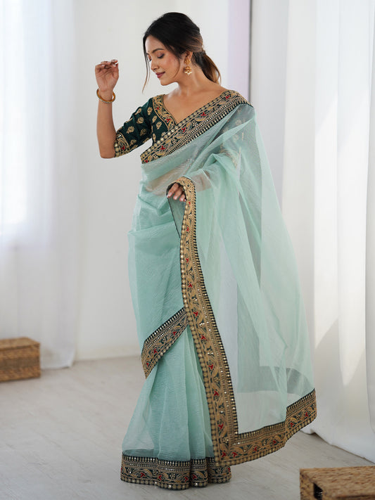 Organza Saree with Embroidered Blouse – Sky Blue & Bottle Green