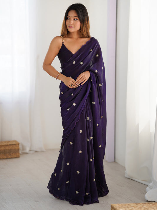 Embellished Beads and Stones Saree with Scallop Border