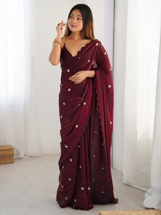 Burgundy Satin Silk Emblished Saree