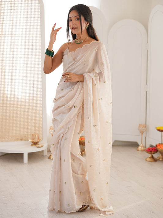 Elegant Off-White Polyester Saree