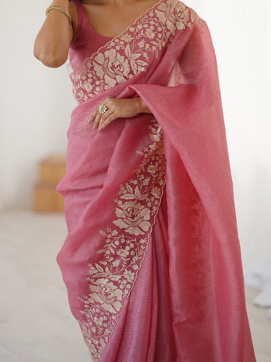 Onion Pink Chiffon Embroidered Saree