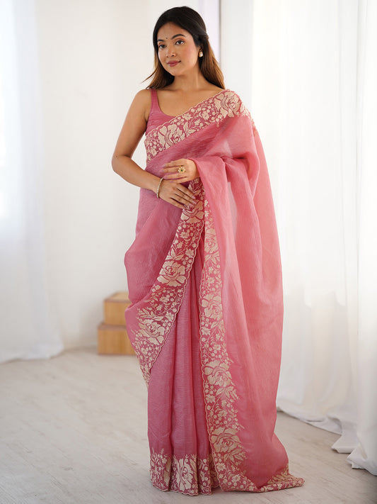 Onion Pink Chiffon Embroidered Saree