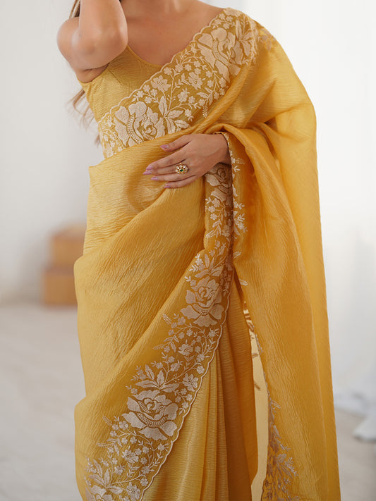 Mustars Yellow Chiffon Embroidered Saree