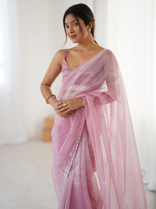 Pink Tissue Silk Zari Border Saree