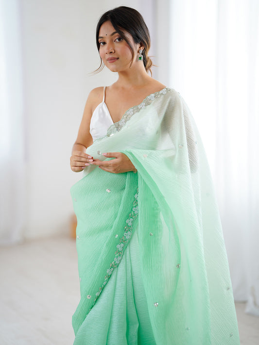 Light Green Chiffon Scalloped Embroidered Border Sequin Buttis Blouse Saree