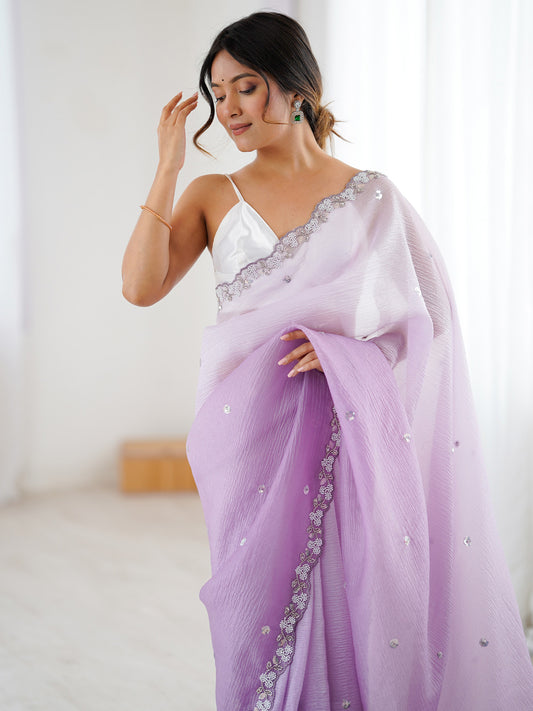 Lavender Ombre Chiffon Scalloped Border Saree