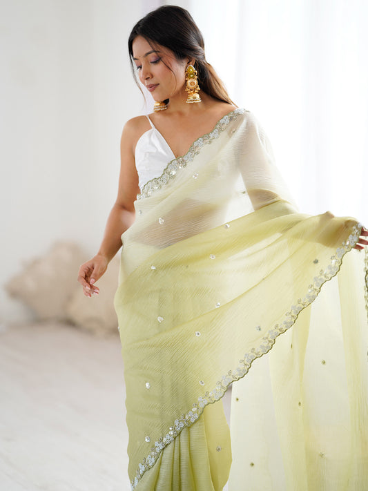 Lavender Polyester Embroidery Scalloped Border Mirror Work Saree