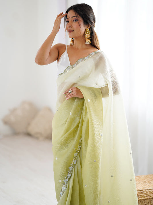 Pista Green Scalloped Border Mirror Work Saree