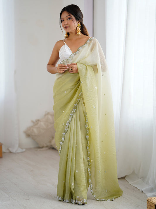 Lavender Polyester Embroidery Scalloped Border Mirror Work Saree