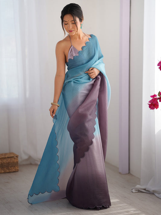Blue Purple : Ombre Organza : Scalloped Border : Designer Blouse Saree