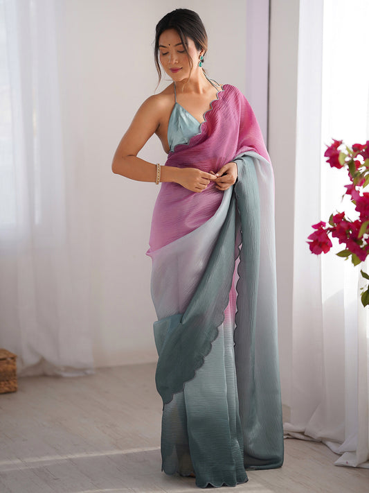 Magenta Pastel Green Ombre Scalloped Border Saree