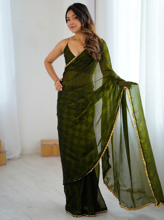 Olive Green Organza Saree with Gold Lace Border