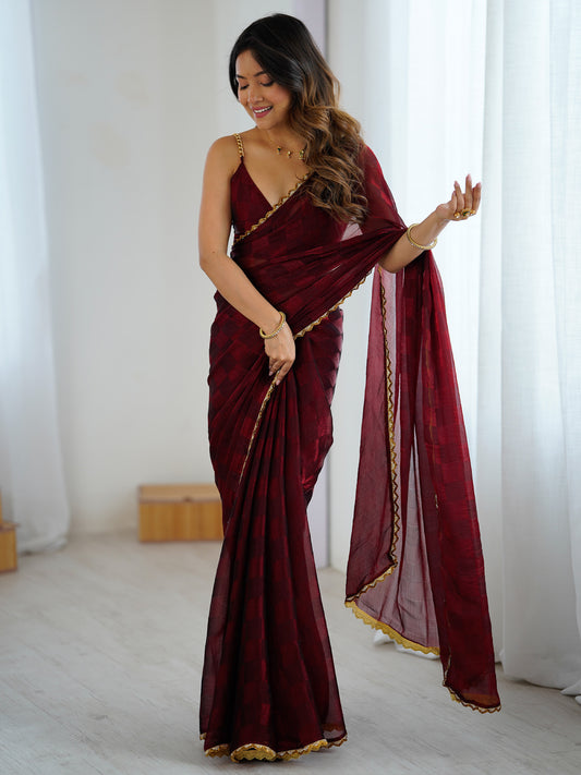 Maroon Organza Saree with Gold Border & Brocade Blouse