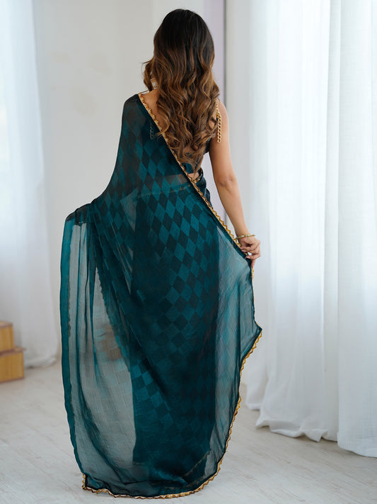 Teal Organza Saree with Gold Lace Border & Brocade Blouse