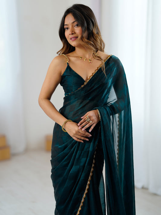 Teal Organza Saree with Gold Lace Border & Brocade Blouse