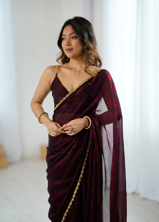 Wine Organza Saree with Gold Lace Border