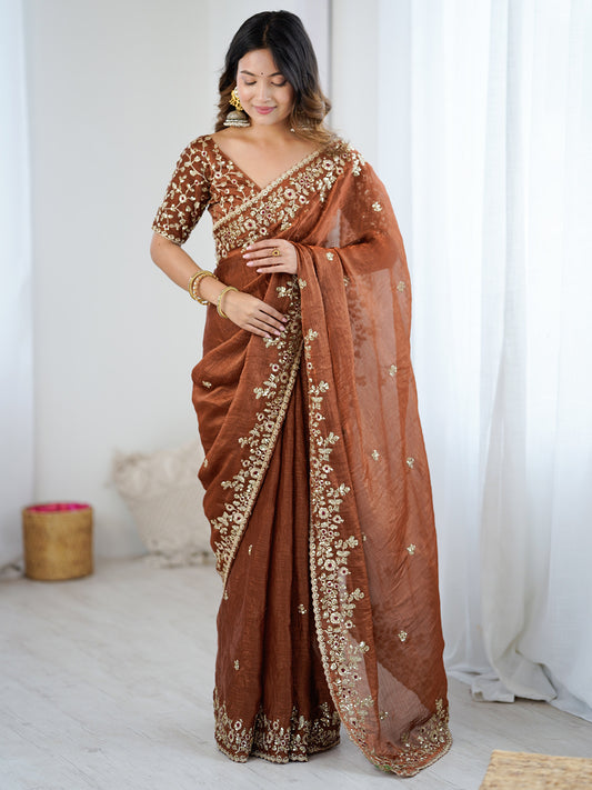 Brown Emblished Party Wear Saree