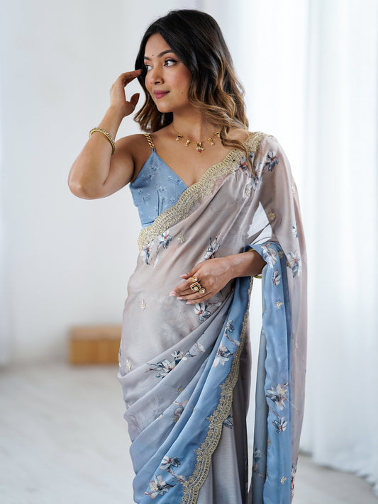 Grey and Sky Blue Ombre Chiffon Saree