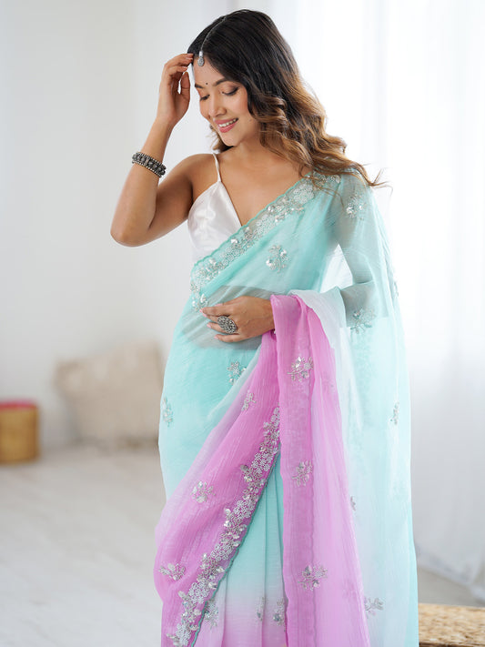 Ombre Embroidery Georgette Mirror Work Unstitched Blouse